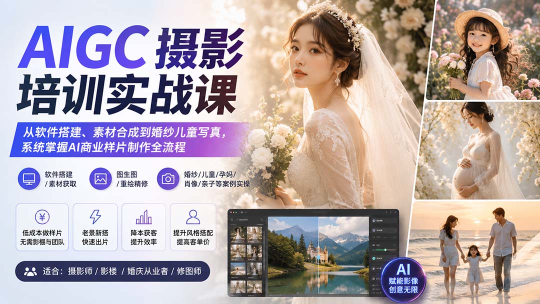AIGC摄影培训实战课:从软件搭建、素材合成到婚纱儿童写真,系统掌握AI商业样片制作全流程-摇钱树