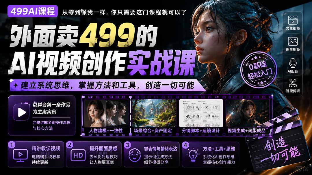外面卖499的AI视频创作实战课:建立系统思维,掌握方法和工具,创造一切可能。-摇钱树