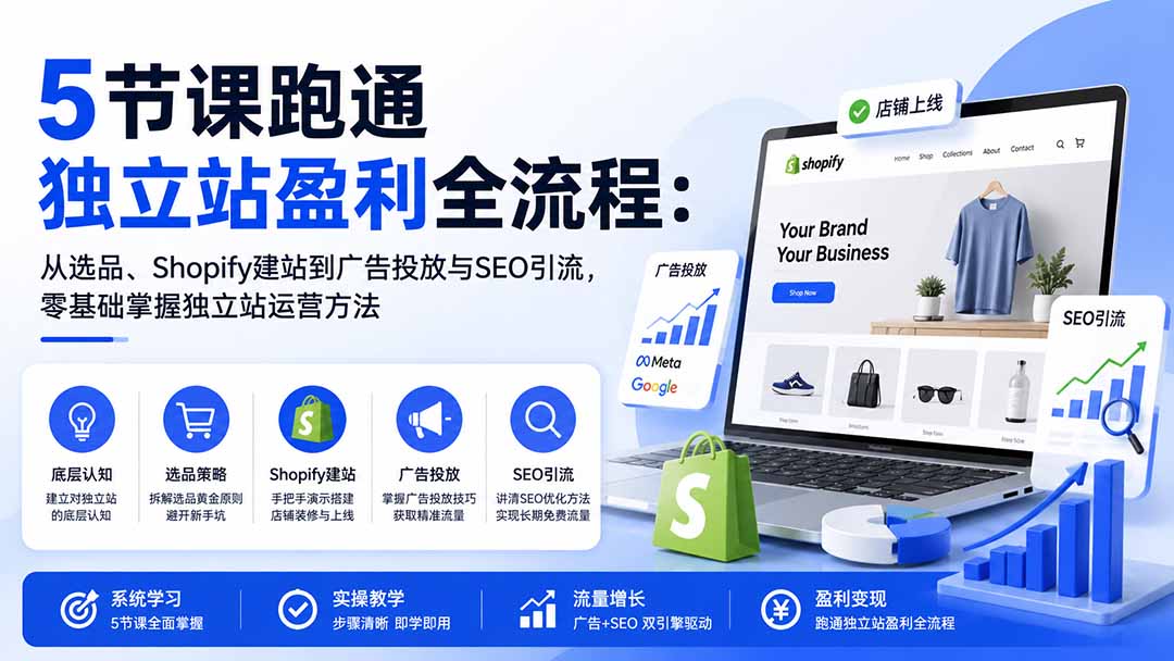 5节课跑通独立站盈利全流程:从选品、Shopify建站到广告投放与SEO引流,零基础掌握独立站运营方法-千帆创业