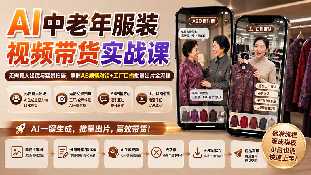 AI中老年服装视频带货实战课:无需真人出镜与实景拍摄,掌握AB剧情对话+工厂口播批量出片全流程-摇钱树