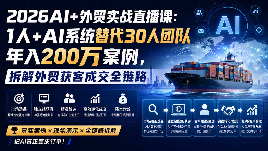 2026AI+外贸实战直播课:1人+AI系统替代30人团队年入200万案例,拆解外贸获客成交全链路-摇钱树
