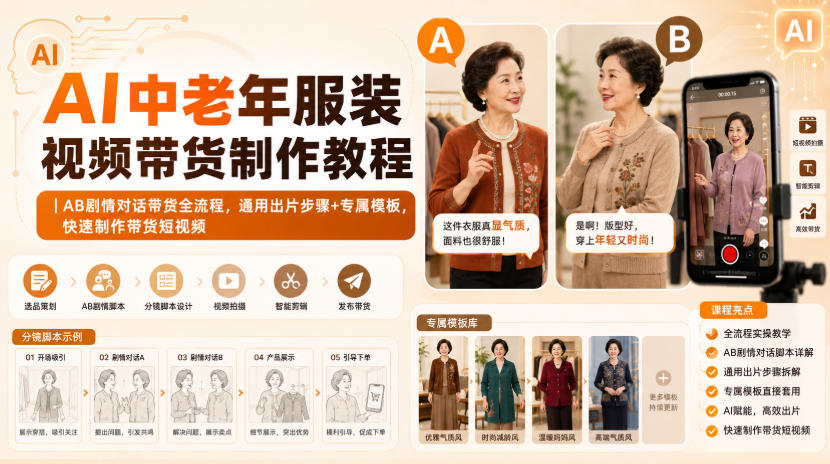 AI中老年服装视频带货制作教程|AB剧情对话带货全流程,通用出片步骤+专属模板,快速制作带货短视频-摇钱树