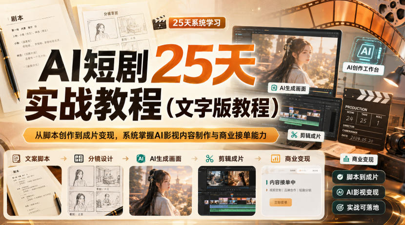 AI短剧25天实战教程(文字版教程)，从脚本创作到成片变现，系统掌握AI影视内容制作与商业接单能力-摇钱树