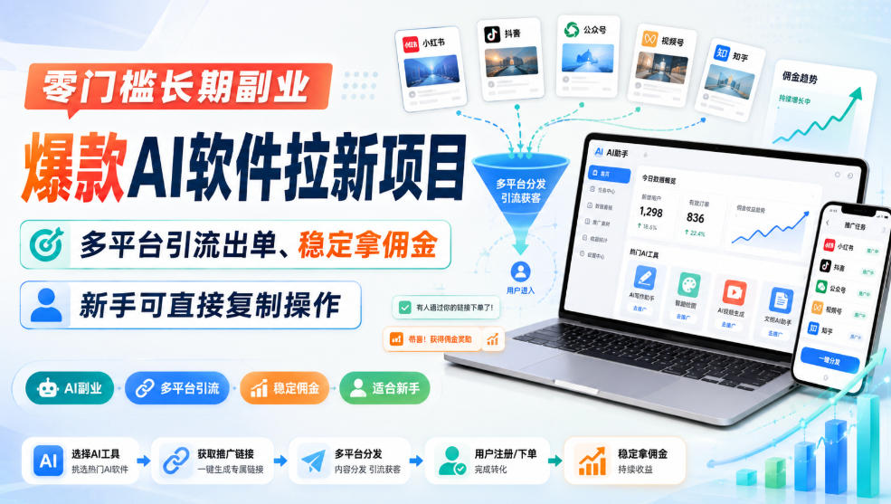 零门槛长期副业，爆款AI软件拉新项目，多平台引流出单、稳定拿佣金，新手可直接复制操作-摇钱树