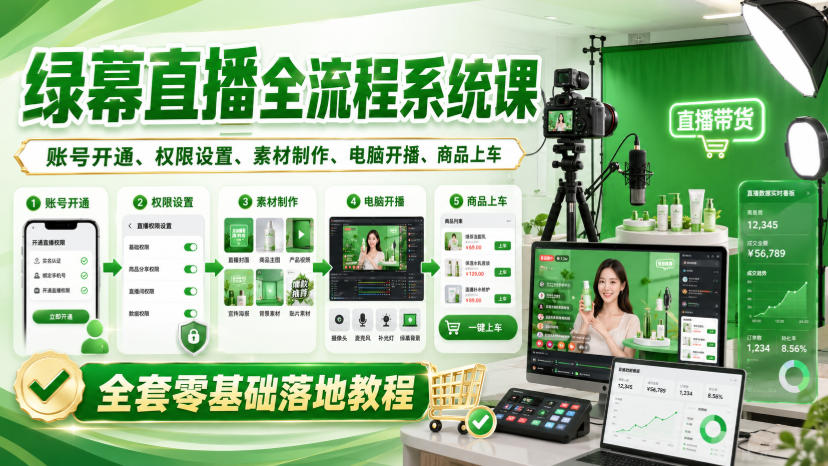 绿幕直播全流程系统课，账号开通、权限设置、素材制作、电脑开播、商品上车全套零基础落地教程-千帆创业