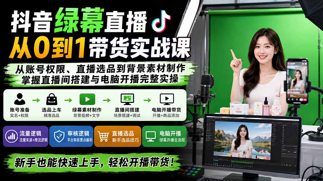 抖音绿幕直播从0到1带货实战课:从账号权限、直播选品到背景素材制作,掌握直播间搭建与电脑开播完整实操-摇钱树