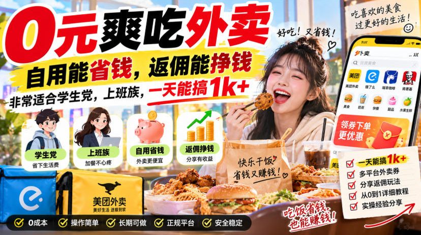 0元爽吃外卖,自用能省钱,返佣能挣钱,非常适合学生党,上班族,一天能搞1k+-启盈社