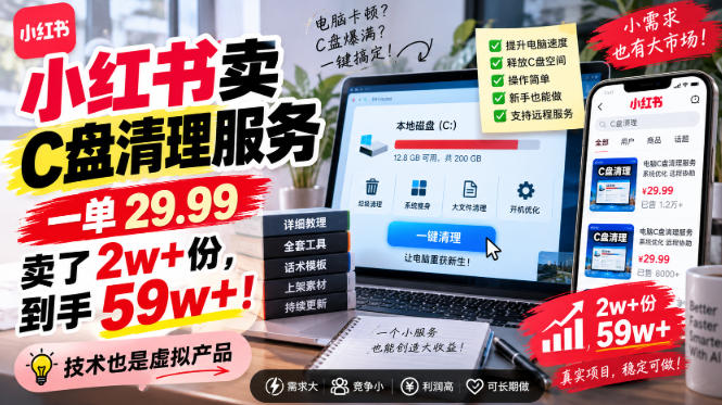 小红书卖C盘清理服务,一单29.99,卖了2w+份,技术也是虚拟产品-摇钱树
