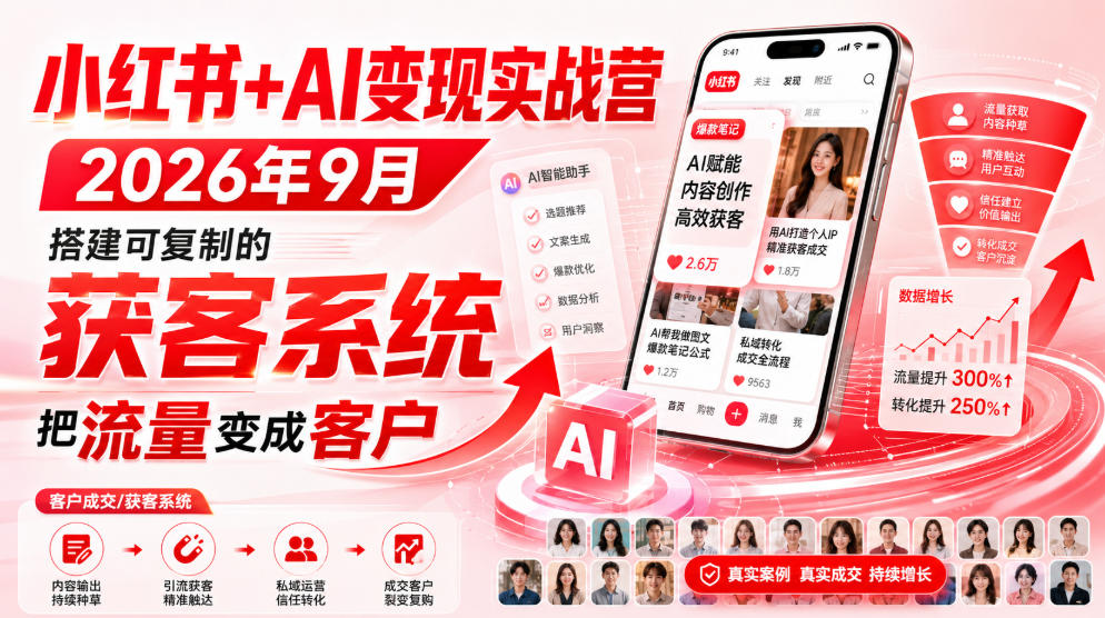 小红书+AI变现实战营2026年9月,搭建可复制的获客系统,把流量变成客户!-摇钱树