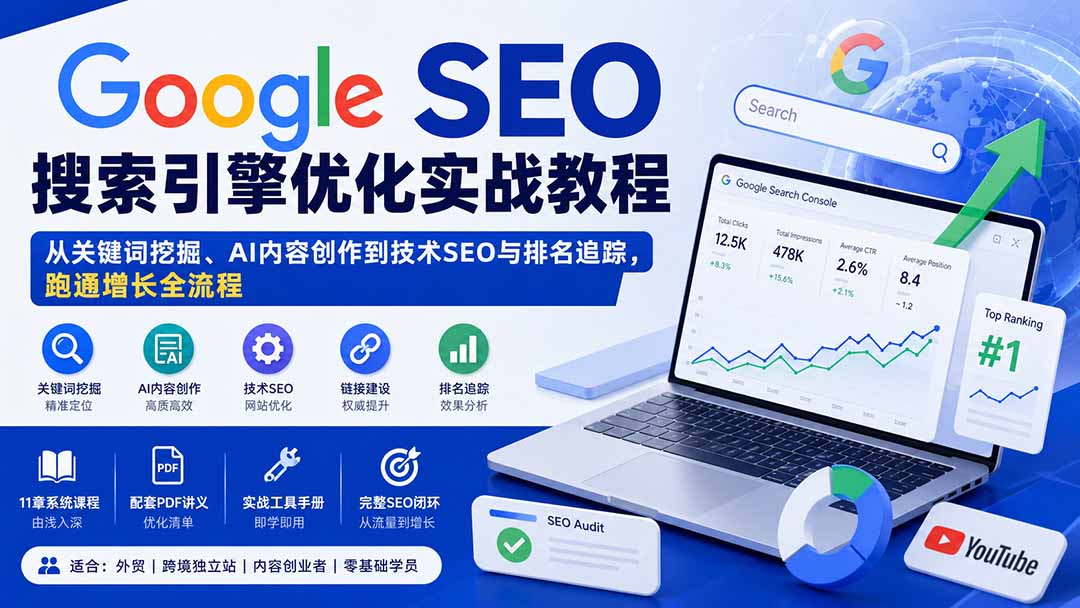 Google SEO搜索引擎优化实战教程:从关键词挖掘、AI内容创作到技术SEO与排名追踪,跑通增长全流程-摇钱树