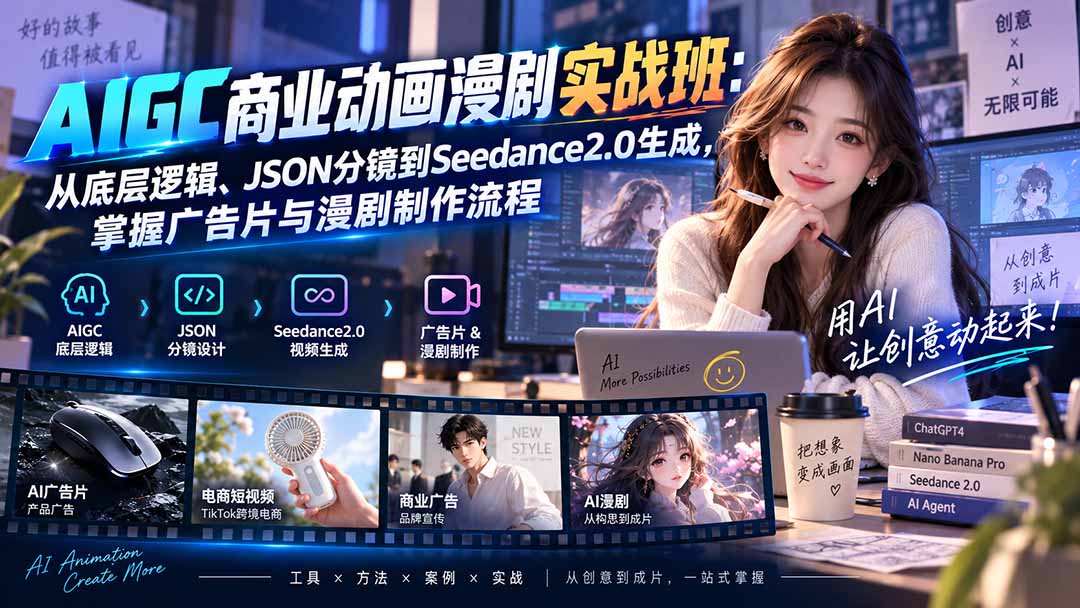 AIGC商业动画漫剧实战班-更新：从底层逻辑、JSON分镜到Seedance2.0生成，掌握广告片与漫剧制作流程-启盈社