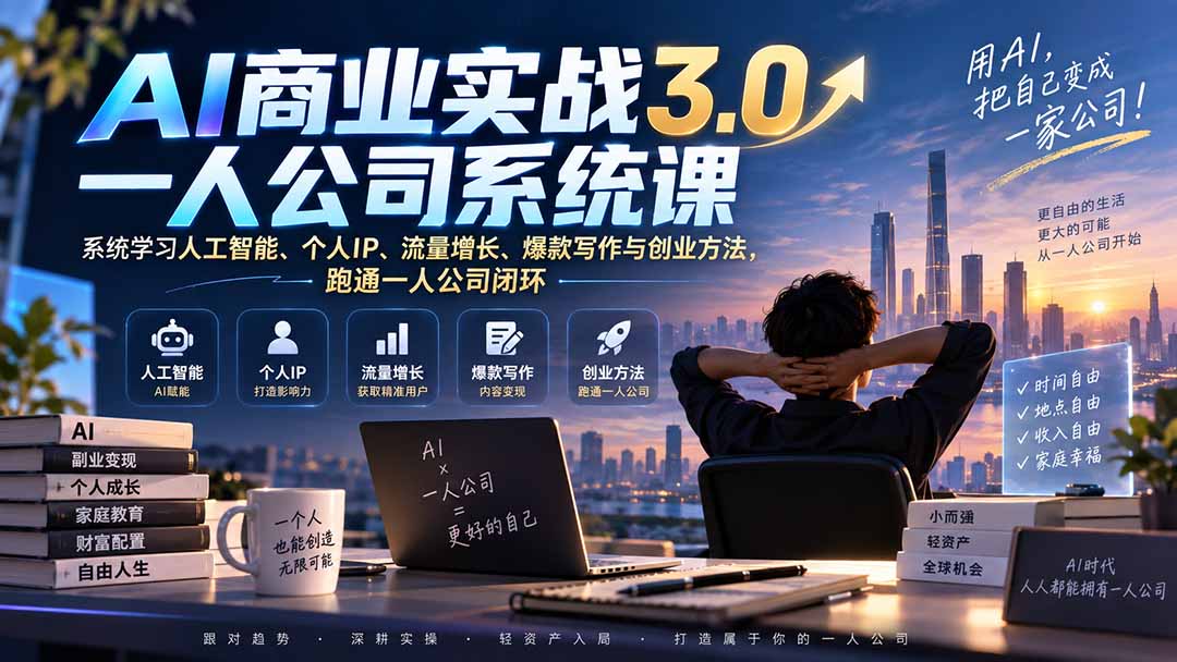 AI商业实战3.0一人公司系统课：系统学习人工智能、个人IP、流量增长、爆款写作与创业方法，跑通一人公司闭环-摇钱树