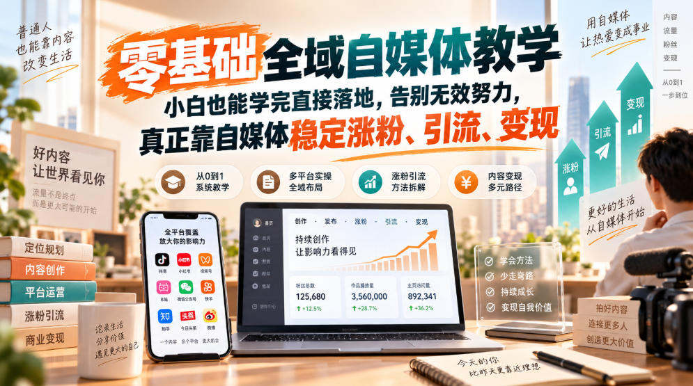 零基础全域自媒体教学，小白也能学完直接落地，告别无效努力，真正靠自媒体稳定涨粉、引流、变现-千帆创业