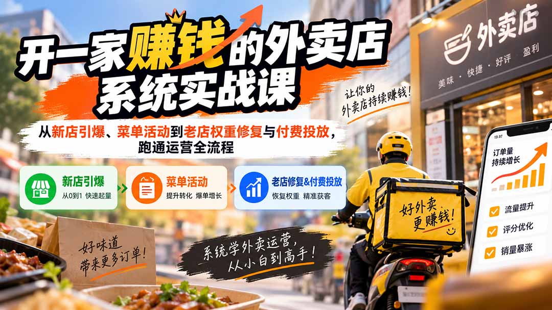开一家赚钱的外卖店系统实战课:从新店引爆、菜单活动到老店权重修复与付费投放,跑通运营全流程-摇钱树