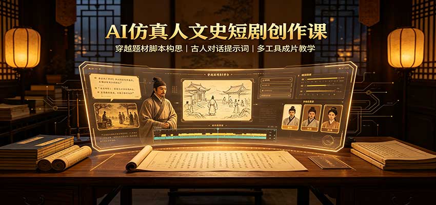 AI仿真人文史短剧创作课：穿越题材脚本构思，古人对话提示词，多工具成片教学-摇钱树