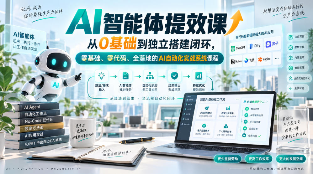 AI智能体提效课，从0基础到独立搭建闭环，零基础、零代码、全落地的AI自动化实战系统课程