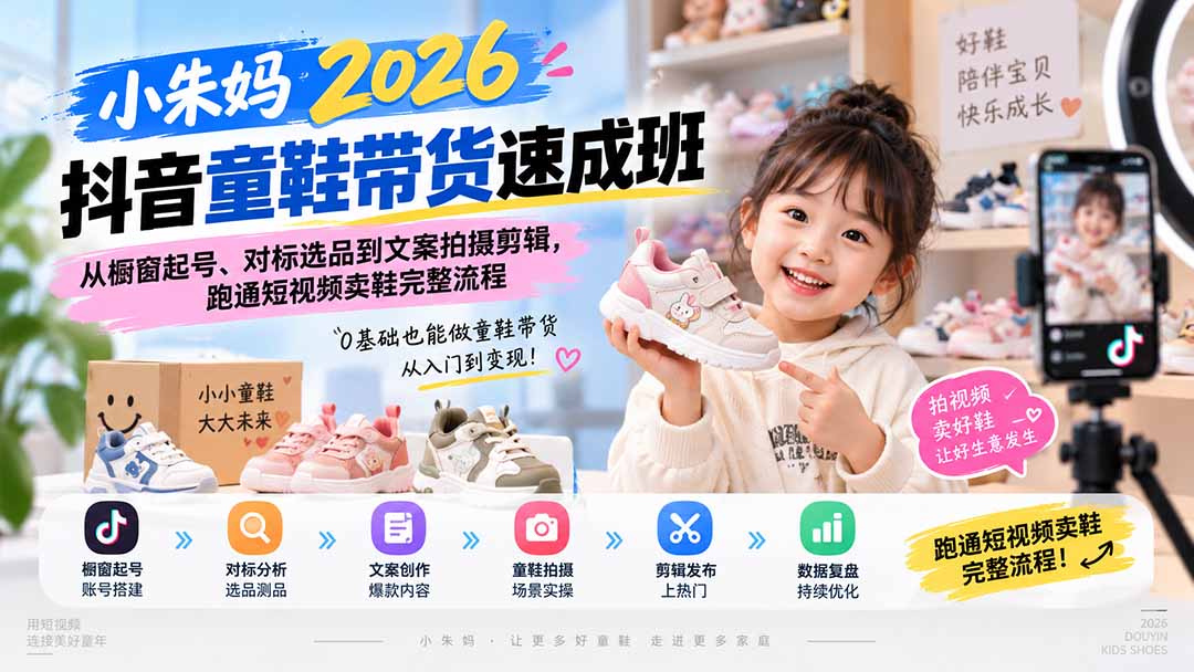 小朱妈2026抖音童鞋带货速成班:从橱窗起号、对标选品到文案拍摄剪辑,跑通短视频卖鞋完整流程-启盈社