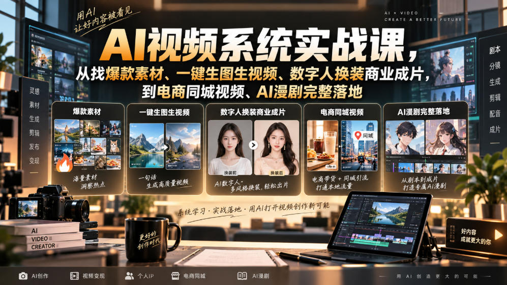 AI视频系统实战课,从找爆款素材、一键生图生视频、数字人换装商业成片,到电商同城视频、AI漫剧完整落地-摇钱树