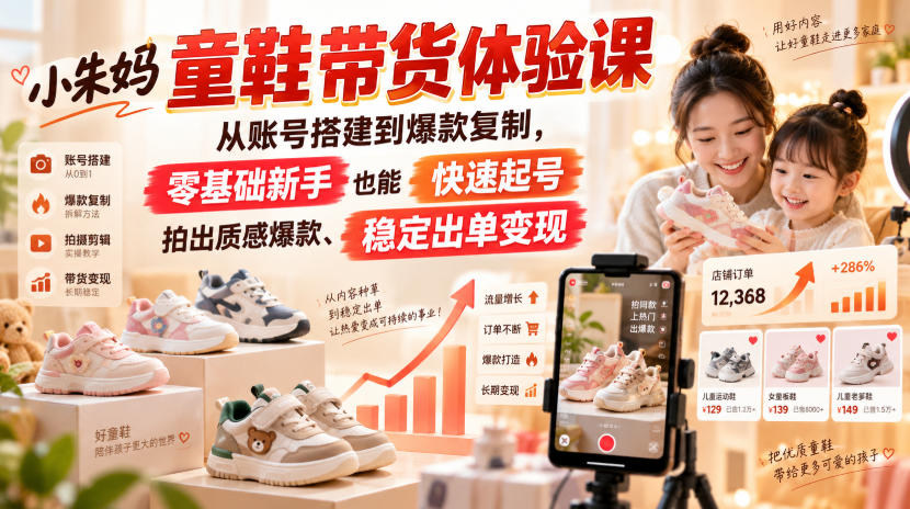 小朱妈童鞋带货体验课,从账号搭建到爆款复制,零基础新手也能快速起号、拍出质感爆款、稳定出单变现-摇钱树