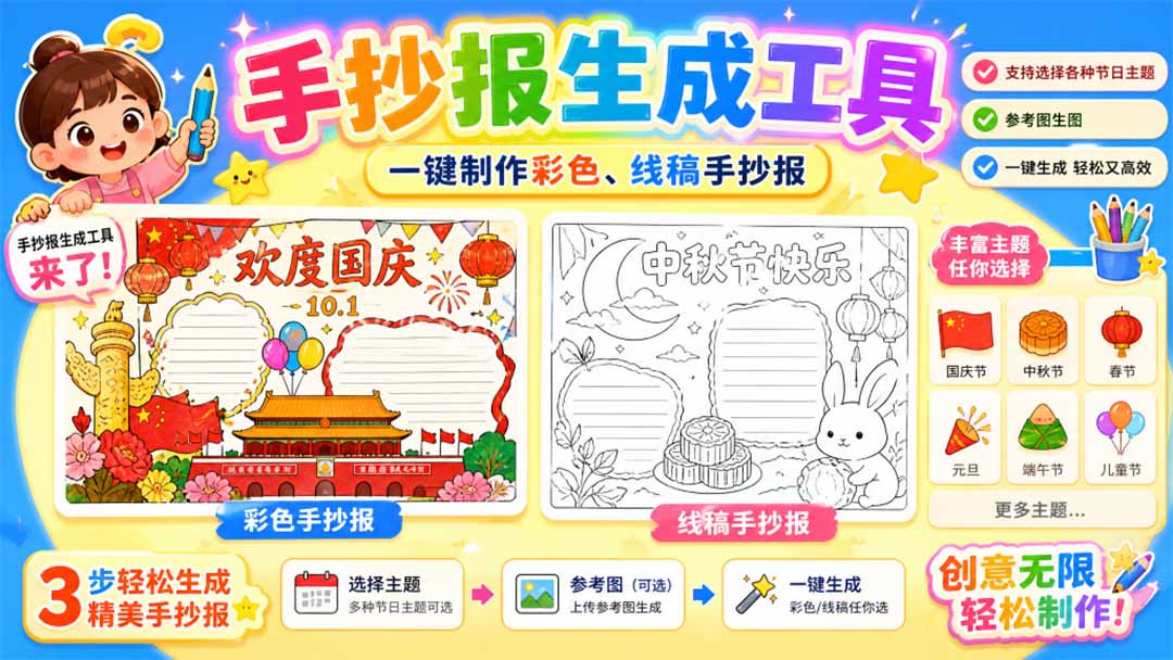 手抄报批量生成工具来了,完全免费,告别豆包生图,这个高清无水印-摇钱树
