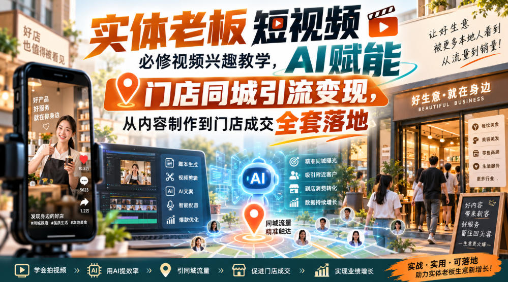 实体老板短视频必修视频兴趣教学,AI赋能门店同城引流变现,AI+短视频+直播打爆实体客流量-启盈社