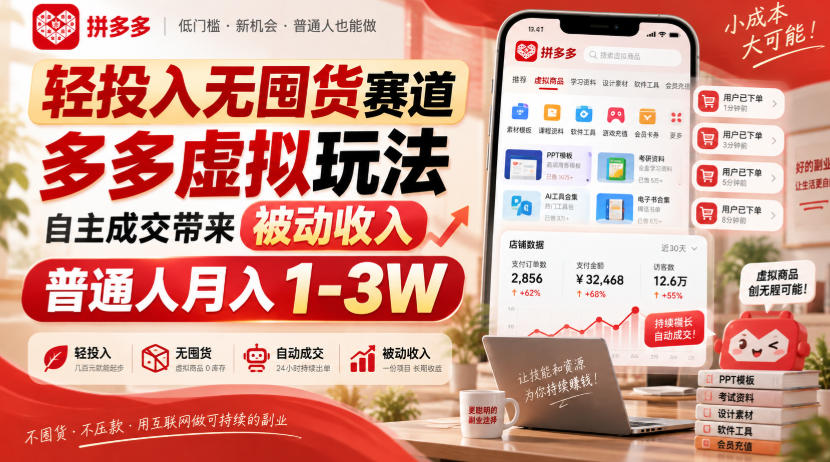 轻投入无囤货赛道,多多虚拟玩法自主成交带来被动收入,普通人月入1-3W-摇钱树