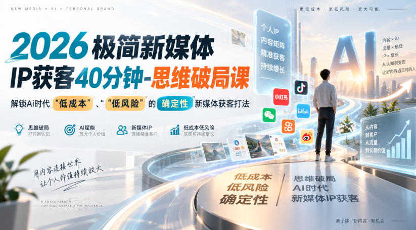 2026极简新媒体IP获客40分钟-思维破局课,解锁Ai时代“低成本”、“低风险”的确定性新媒体获客打法-摇钱树