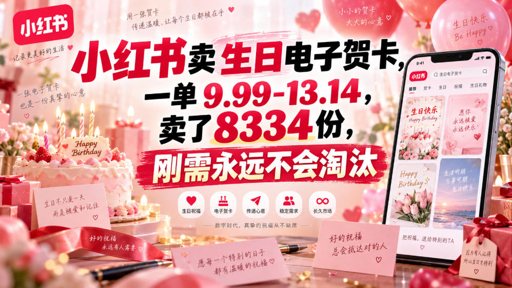小红书卖生日电子贺卡,一单9.99-13.14,卖了8334份,刚需永远不会淘汰-摇钱树