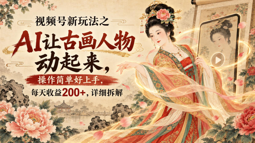 视频号新玩法之AI让古画人物动起来，操作简单好上手，每天收益200+，详细拆解-摇钱树