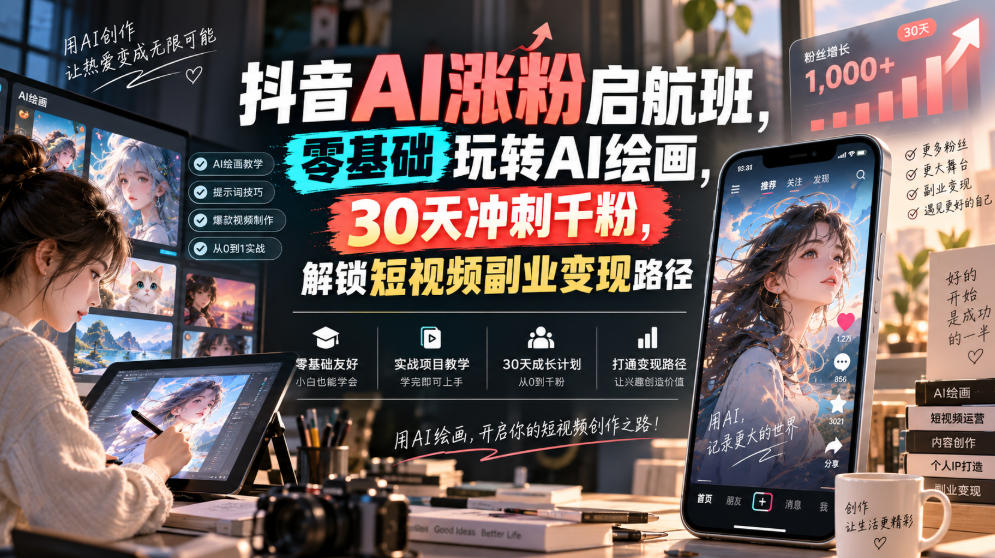 抖音AI涨粉启航班,零基础玩转AI绘画,30天冲刺千粉,解锁短视频副业变现路径-摇钱树