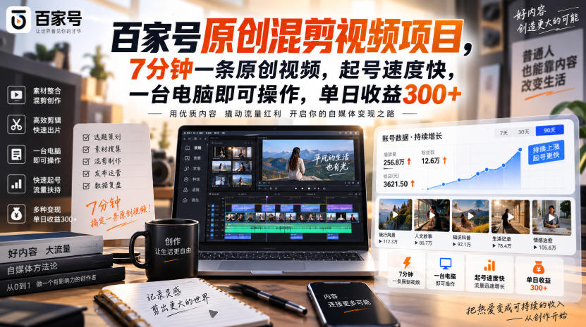 百家号原创混剪视频项目,7分钟一条原创视频,起号速度快,一台电脑即可操作,单日收益300+-摇钱树