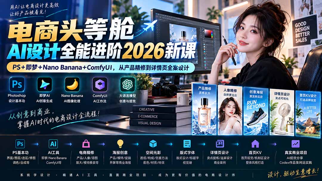 电商头等舱AI设计全能进阶2026新课:PS+即梦+Nano Banana+ComfyUI,从产品精修到详情页全案设计-摇钱树