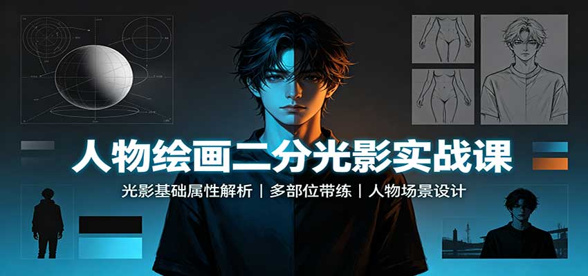 人物绘画二分光影实战课:光影基础属性解析,多部位带练,人物场景设计-摇钱树