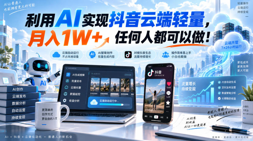 利用AI实现抖音云端轻量,月入1W+,任何人都可以做!【揭秘】-摇钱树