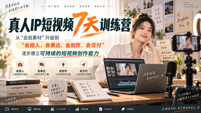 真人IP短视频7天训练营，从“会拍素材”升级到“会拍人、会表达、会创作、会交付”，逐步建立可持续的短视频创作能力-摇钱树
