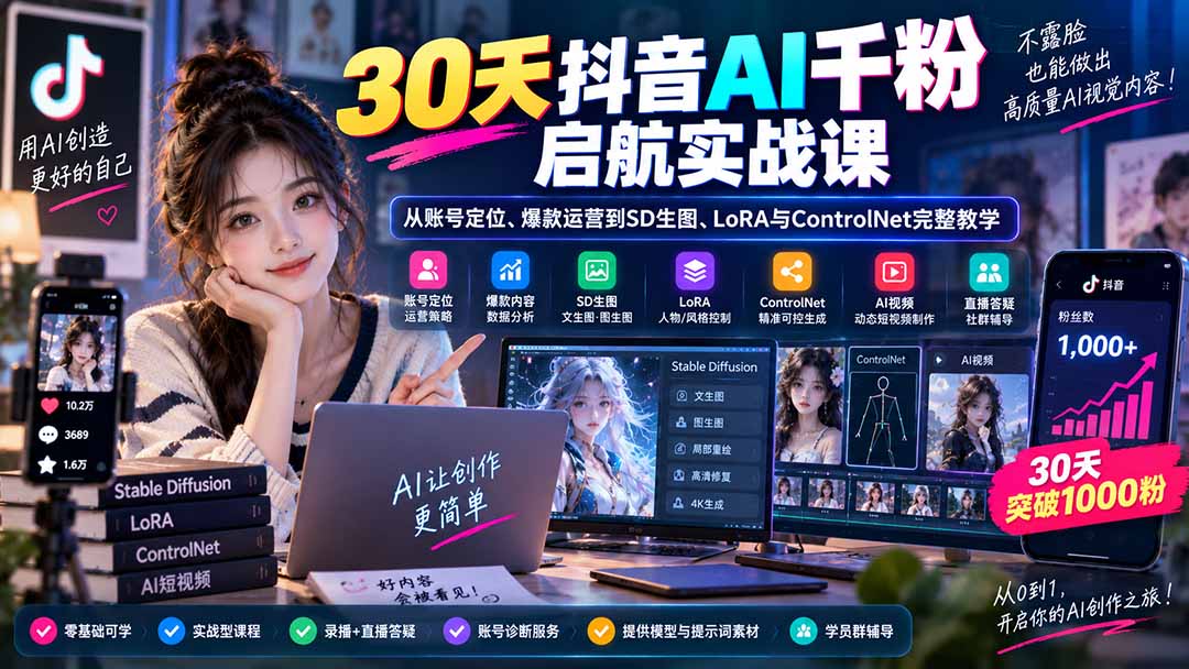 30天抖音AI千粉启航实战课：从账号定位、爆款运营到SD生图、LoRA与ControlNet完整教学-摇钱树