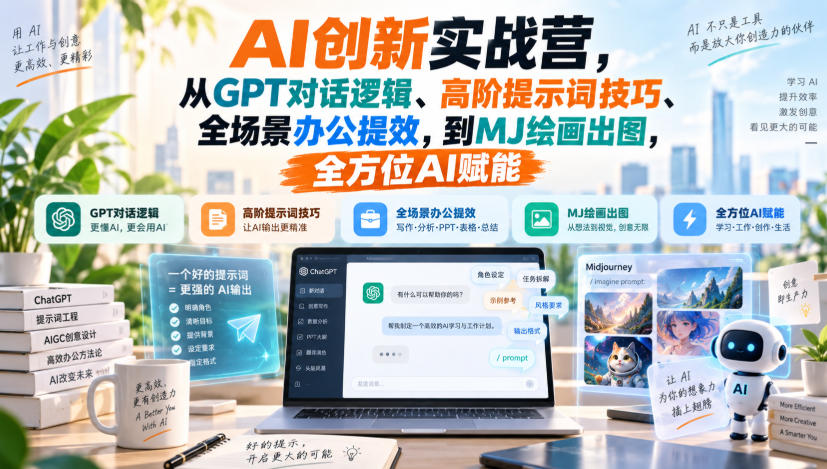 AI创新实战营，从GPT对话逻辑、高阶提示词技巧、全场景办公提效，到MJ绘画出图，全方位AI赋能-摇钱树