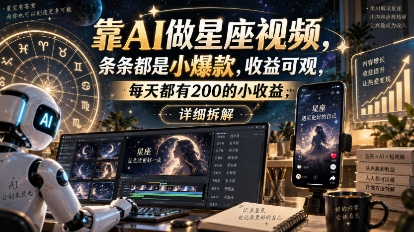 靠AI做星座视频，条条都是小爆款，收益可观，每天都有200的小收益，详细拆解-千帆创业
