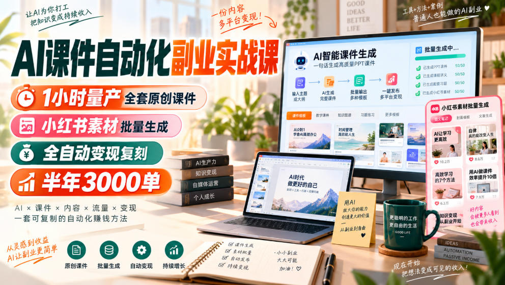 AI课件自动化副业实战课，1小时量产全套原创课件，小红书素材批量生成，全自动变现复刻，半年3000单-日入300副业网
