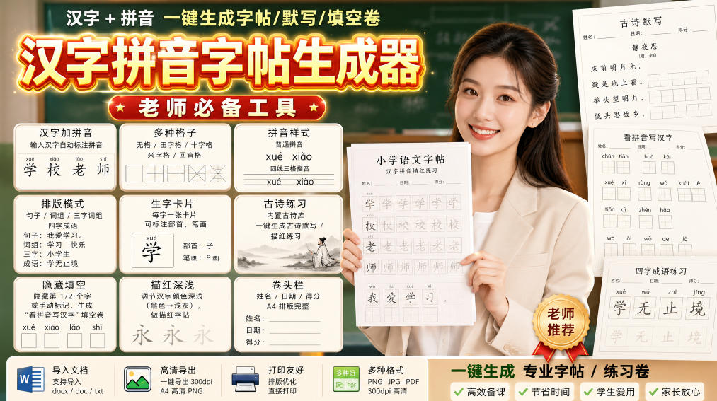 学习神器,汉字拼音字帖生成器,汉字+拼音 一键生成字帖/默写/填空卷,支持词组、成语,老师、家长必备-盈科项目资源网