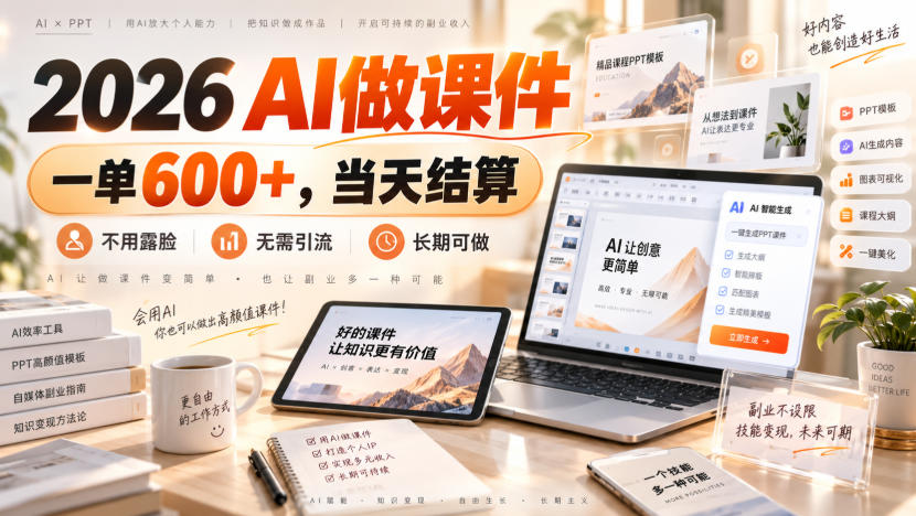 2026 AI做课件，一单600+，当天结算，不用露脸，无需引流，长期可做【揭秘】-启盈社