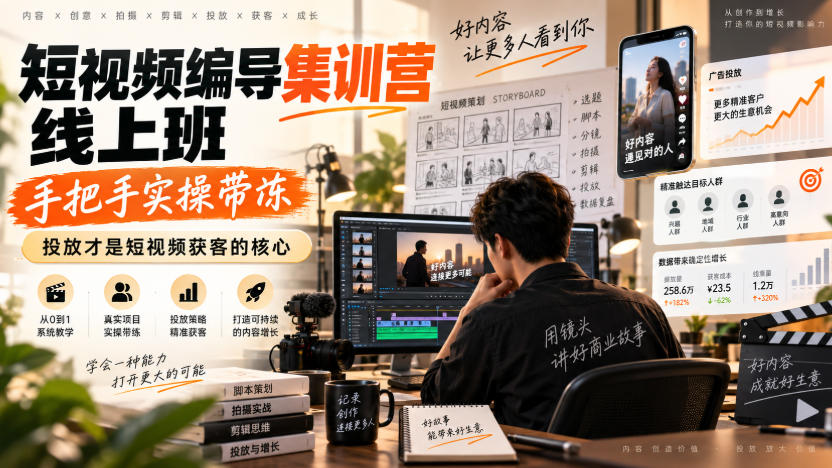 短视频编导集训营线上班，手把手实操带冻，投放才是短视频获客的核心-摇钱树