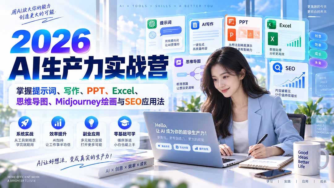 2026AI生产力实战营:掌握提示词、写作、PPT、Excel、思维导图、Midjourney绘画与SEO应用法-摇钱树