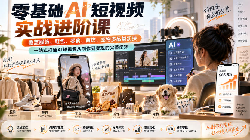 零基础AI短视频实战进阶课，覆盖服饰、鞋包、零食、首饰、宠物多品类实操，一站式打通AI短视频从制作到变现的完整闭环-摇钱树