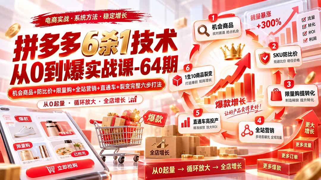 拼多多6杀1技术从0到爆实战课-64期:机会商品+防比价+限量购+全站营销+直通车+裂变完整六步打法-摇钱树
