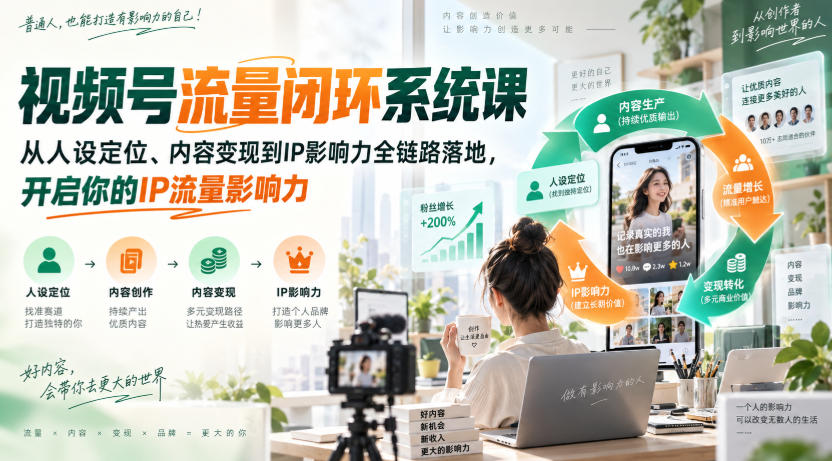 视频号流量闭环系统课，从人设定位、内容变现到IP影响力全链路落地，开启你的IP流量影响力-摇钱树