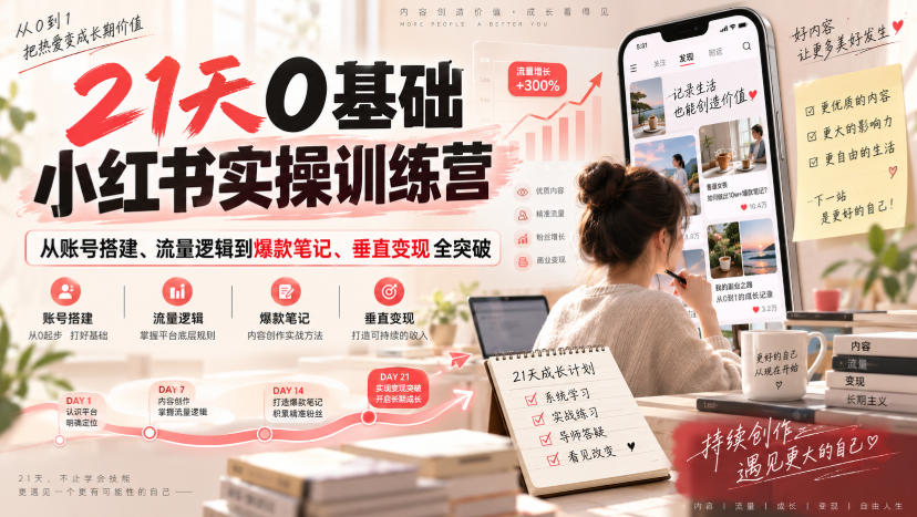21天0基础小红书实操训练营|从账号搭建、流量逻辑到爆款笔记、垂直变现全突破-启盈社