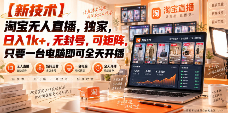 【独家新技术】淘宝无人直播，日入1k+，无封号，可矩阵，只要一台电脑即可全天开播【揭秘】-摇钱树
