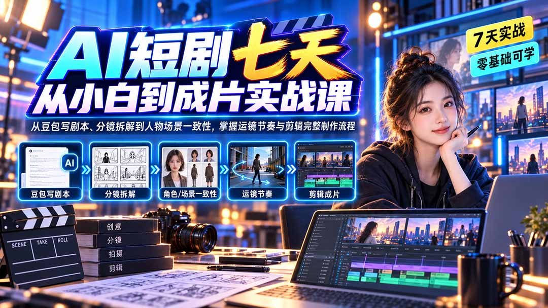 AI短剧七天从小白到成片实战课：从豆包写剧本、分镜拆解到人物场景一致性，掌握运镜节奏与剪辑完整制作流程-摇钱树