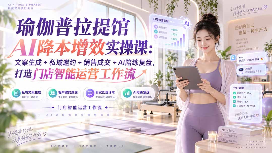 瑜伽普拉提馆AI降本增效实操课:文案生成+私域邀约+销售成交+AI陪练复盘,打造门店智能运营工作流-摇钱树